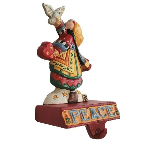 VTG Mary Engelbreit Cast Iron Stocking Hanger Christmas PEACE Girl Dove Holder - Picture 2 of 14